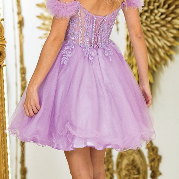 New Lilac Floral Lace Embellished Mini Fit & Flare Evening Tulle Dress DQ 3406 - Picture 8 of 8